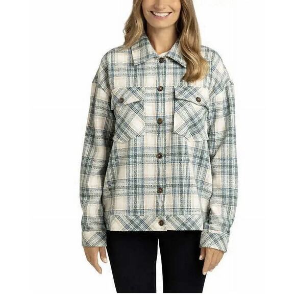 Boston Traders Shacket Plaid Green Womens Button M Outdoor Casual Comfort - Picture 1 of 16